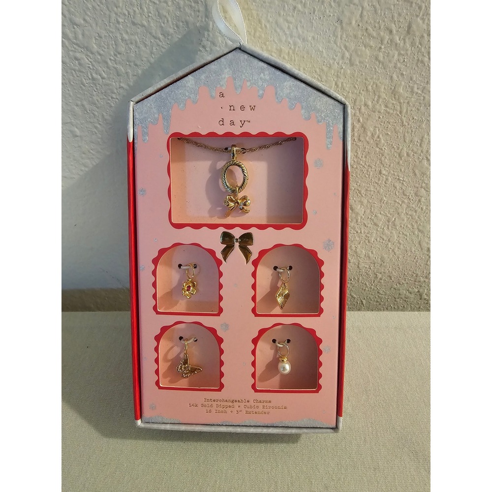 A New Day Necklace Set Gold Dipped Interchangeable Charms Bow Butterfly Pearl